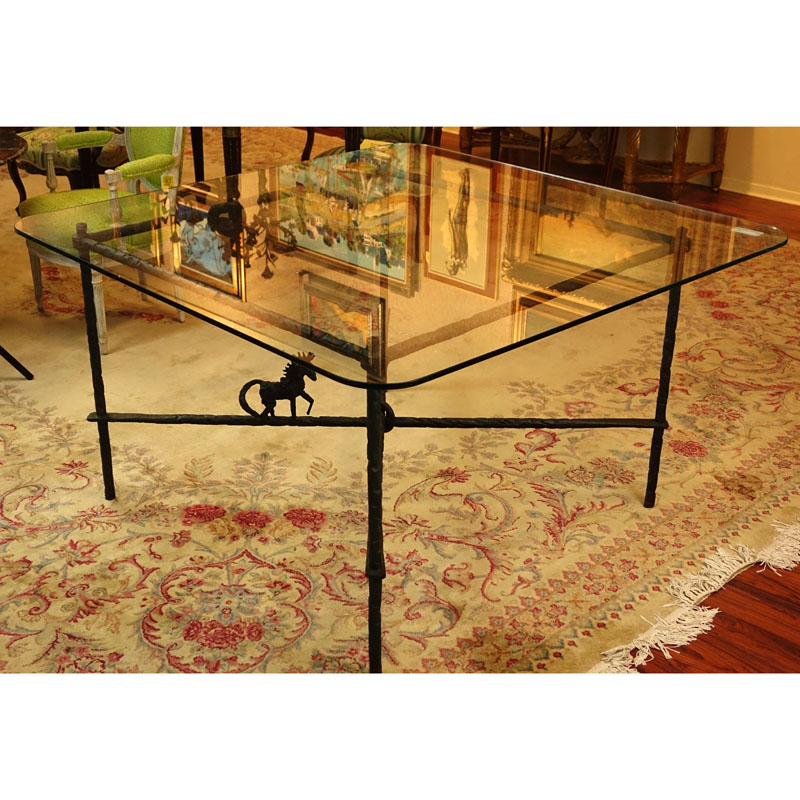 Manner of Diego Giacometti Patinated Wrought Iron Dining Table with Glass Top