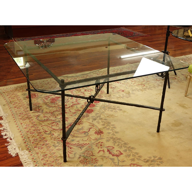 Manner of Diego Giacometti Patinated Wrought Iron Dining Table with Glass Top