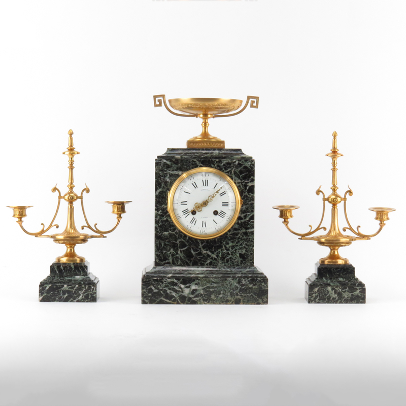 19th Century French Louis XV Style Raingo Freres Paris Gilt Bronze and Marble Clock Garniture Set