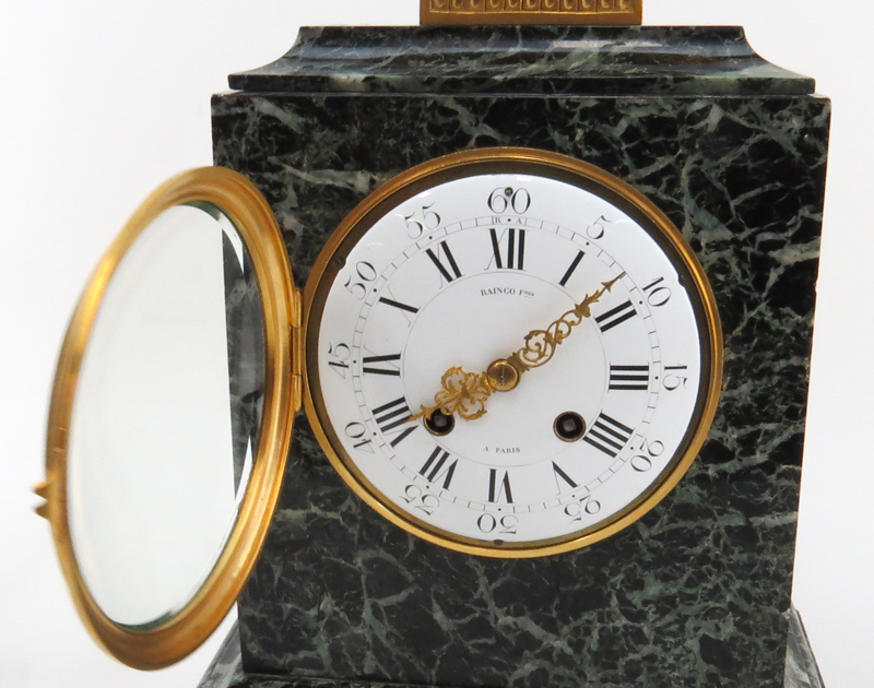 19th Century French Louis XV Style Raingo Freres Paris Gilt Bronze and Marble Clock Garniture Set