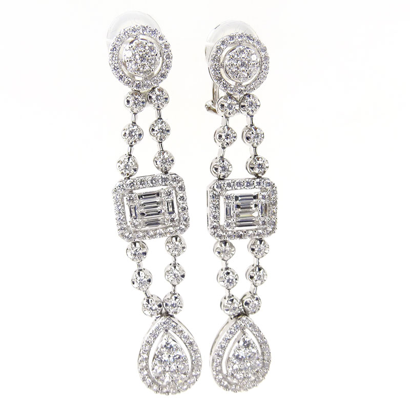 5.0 Carat Pear Shape, Emerald Cut, Round Brilliant Cut and 18 Karat White Gold Chandelier earrings.