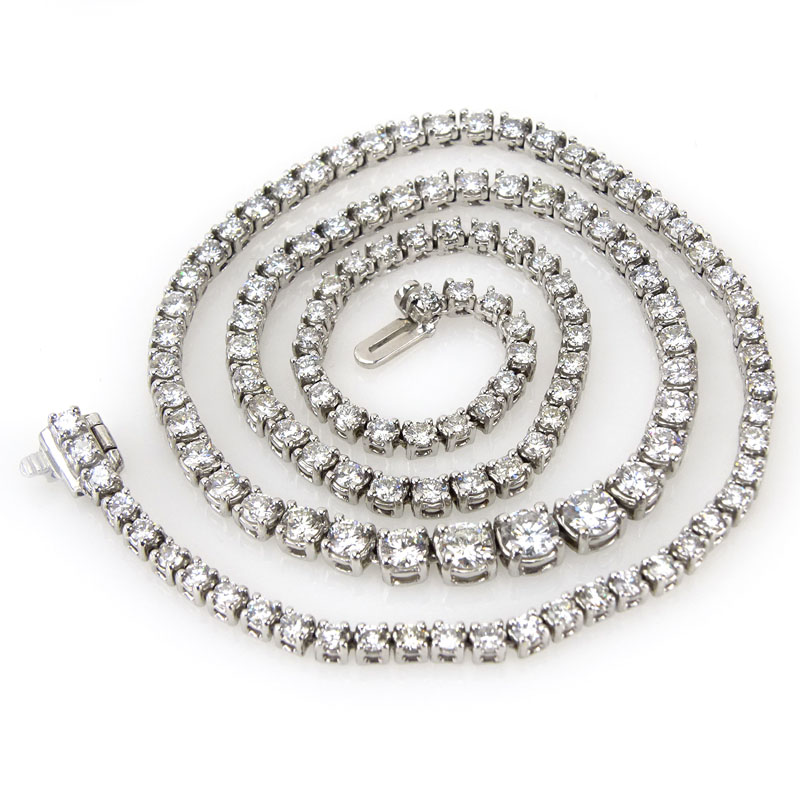 10.0 Carat Round Brilliant Cut Diamond and 18 Karat White Gold Riviera Necklace.