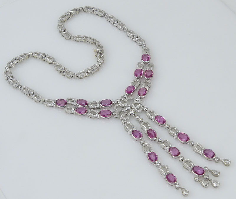 41.15 Carat Oval Cut Pink Sapphire, 12.70 Carat Round Brilliant and Pear Shape Diamond and 18 Karat White Gold Necklace. 