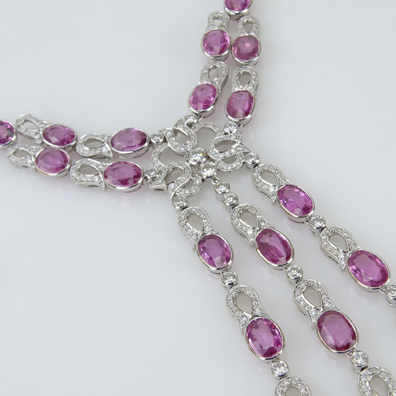 41.15 Carat Oval Cut Pink Sapphire, 12.70 Carat Round Brilliant and Pear Shape Diamond and 18 Karat White Gold Necklace. 