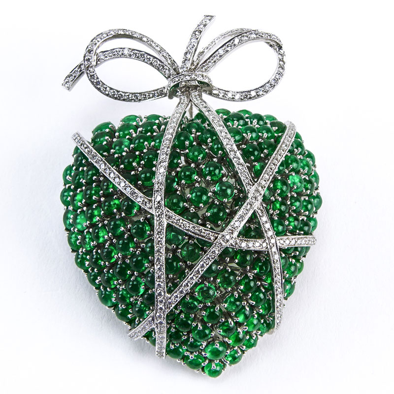 48.50 Carat Cabochon Emerald, 2.10 Carat Round and 18 Karat White Gold Heart Pendant/Brooch. 