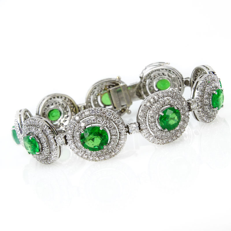 10.43 Carat Oval Cut Tsavorite Garnet, 6.55 Karat Round Brilliant Cut Diamond and 18 Karat White Gold Bracelet. 