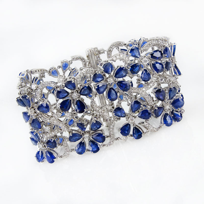 63.78 Carat Pear Shape Sapphire, 7.13 Carat Round Brilliant Cut Diamond and 18 Karat White Gold Bracelet. 