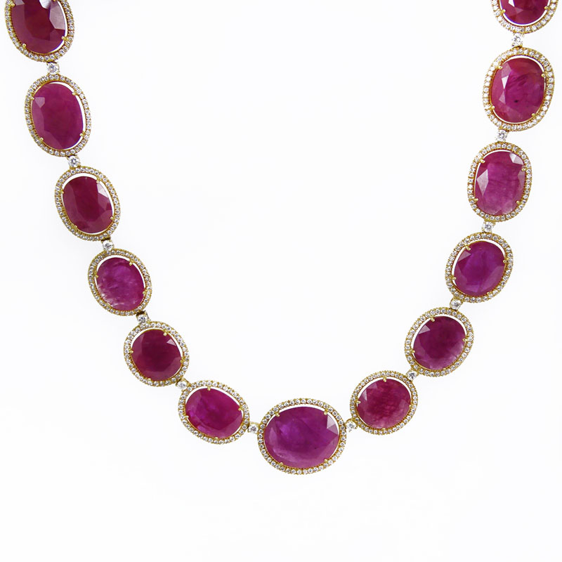 173..04 Carat Oval Cushion Cut Burma Ruby, 8.61 Carat Round Brilliant Cut Diamond and 18 Karat Yellow Gold Necklace. 