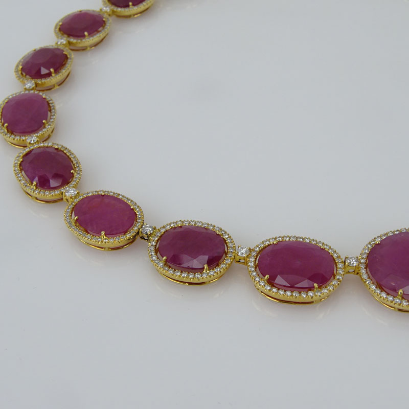 173..04 Carat Oval Cushion Cut Burma Ruby, 8.61 Carat Round Brilliant Cut Diamond and 18 Karat Yellow Gold Necklace. 