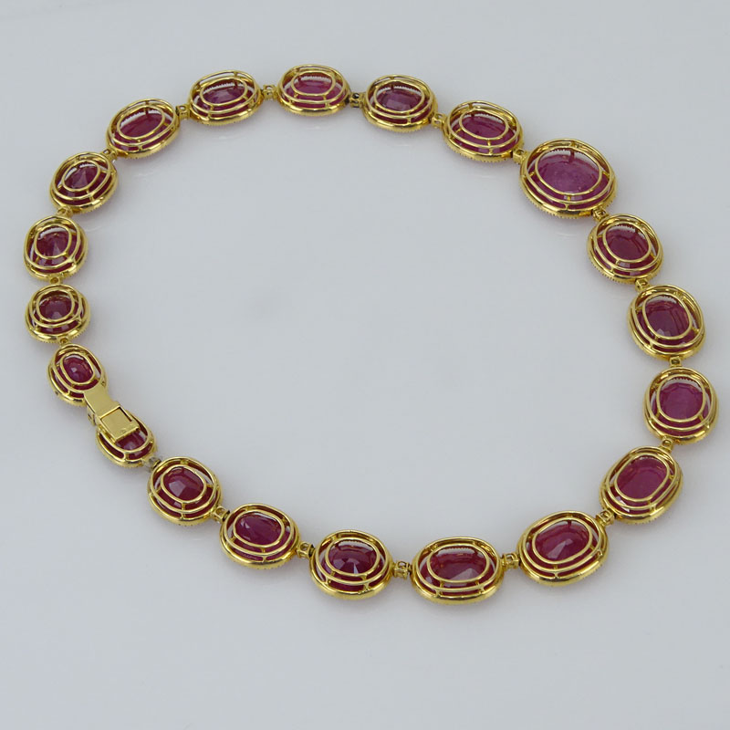 173..04 Carat Oval Cushion Cut Burma Ruby, 8.61 Carat Round Brilliant Cut Diamond and 18 Karat Yellow Gold Necklace. 