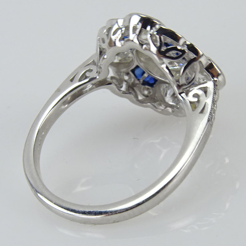 Art Deco Style Approx. 2.02 Carat TW Diamond, .23 Carat Sapphire and Platinum Ring Set in the Center with an Approx. .91 Carat Old European 