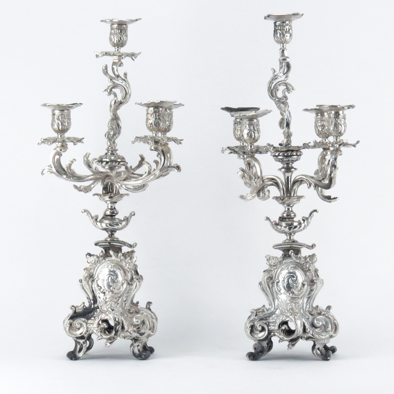 Pair of Ornate Rococo Style Silver Plate Five Light Candelabra