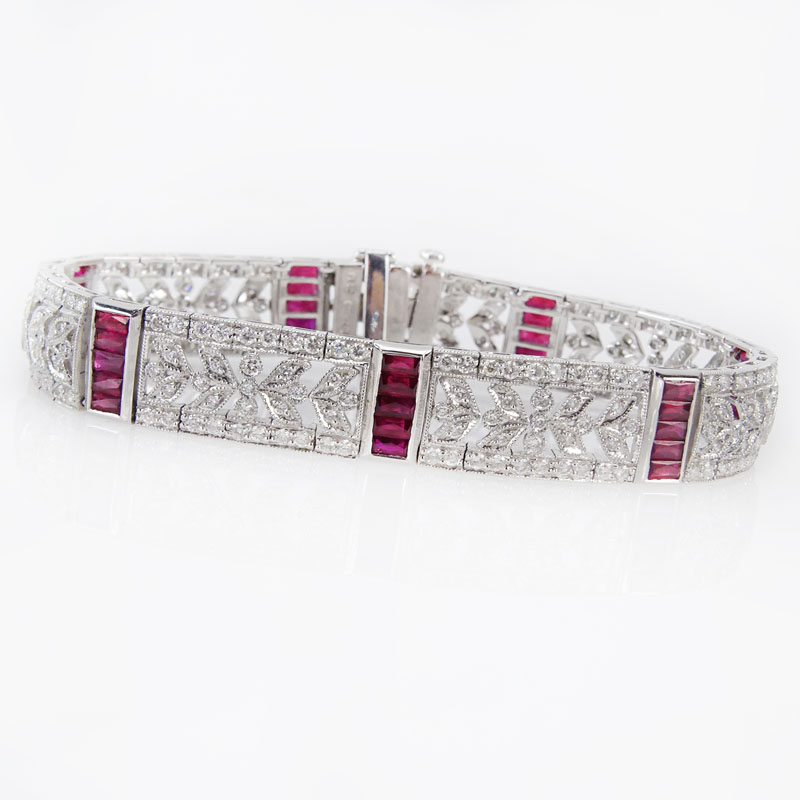  3.94 Carat Calibre Cut Ruby, 3.04 Carat Round Cut Diamond and Platinum Bracelet. 