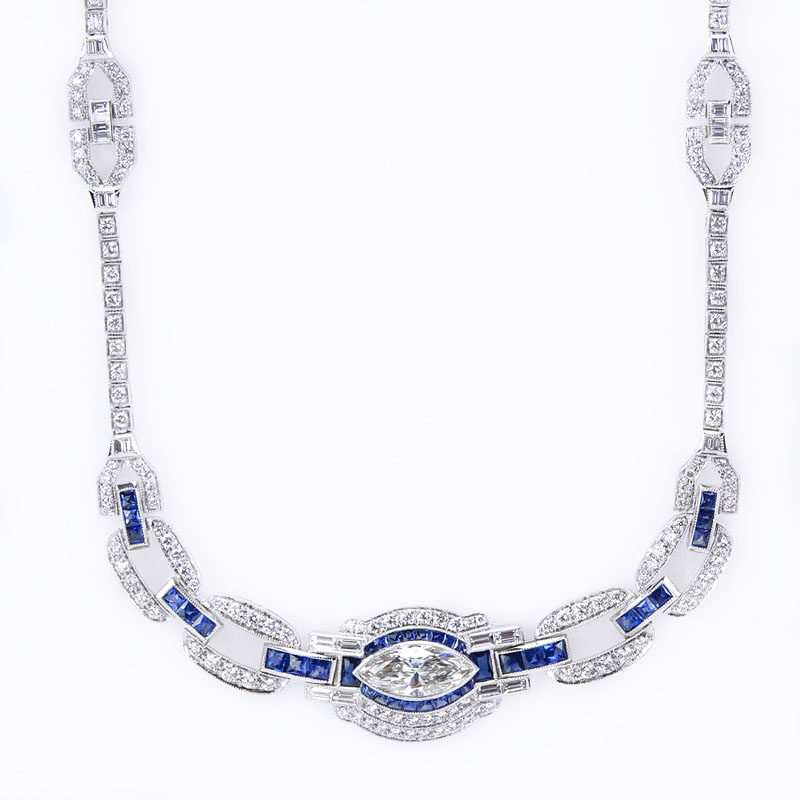 7.97 Carat Diamond, 2.64 Carat Calibre Cut Sapphire and Platinum Necklace.