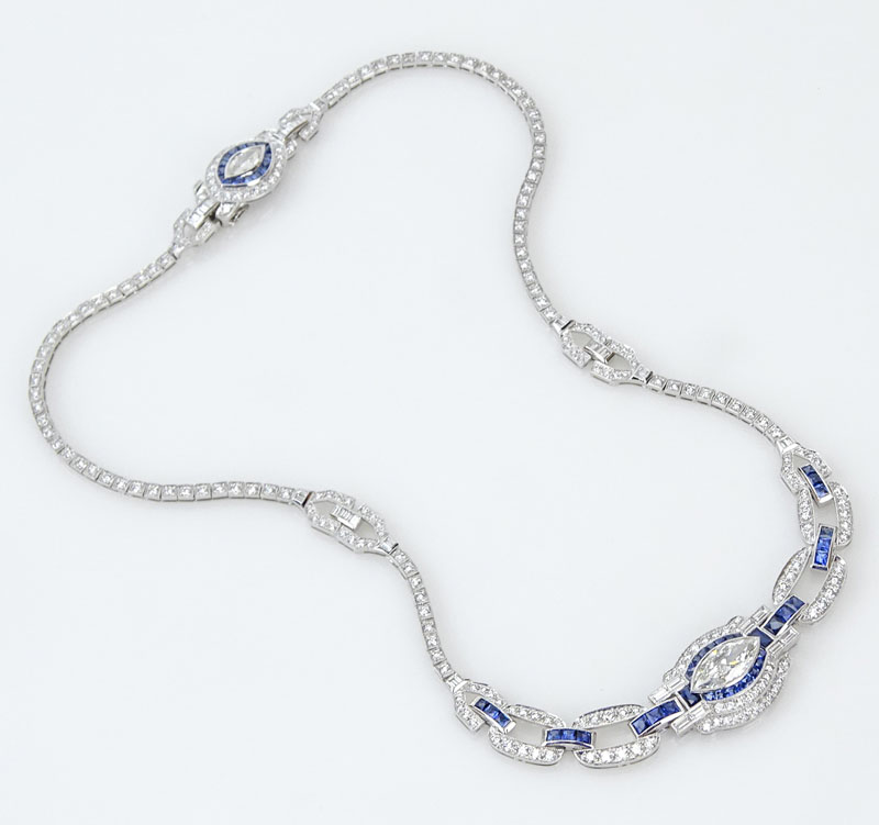 7.97 Carat Diamond, 2.64 Carat Calibre Cut Sapphire and Platinum Necklace.