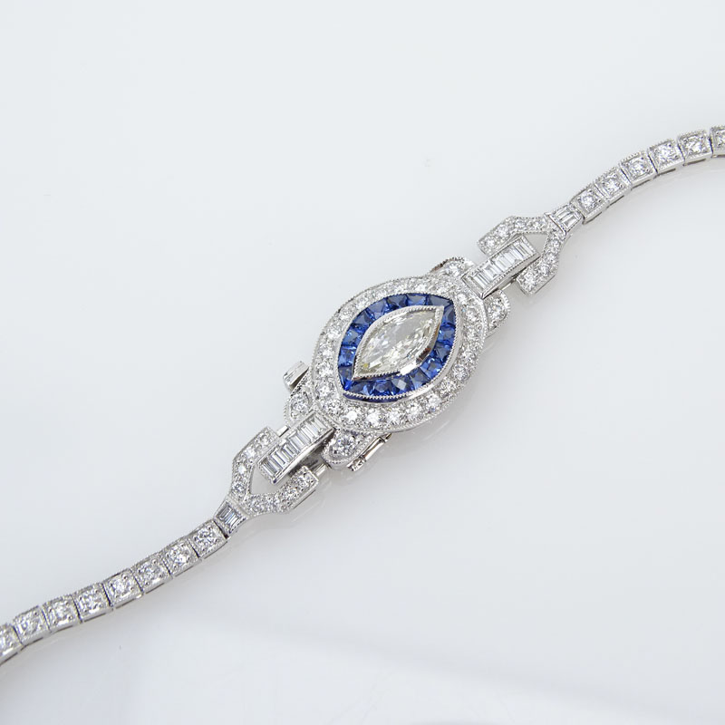 7.97 Carat Diamond, 2.64 Carat Calibre Cut Sapphire and Platinum Necklace.