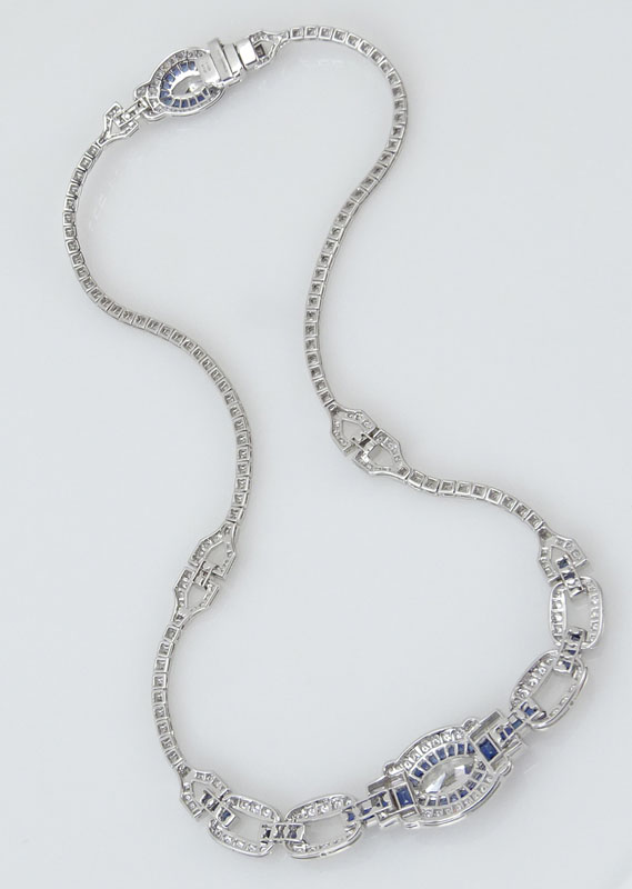 7.97 Carat Diamond, 2.64 Carat Calibre Cut Sapphire and Platinum Necklace.