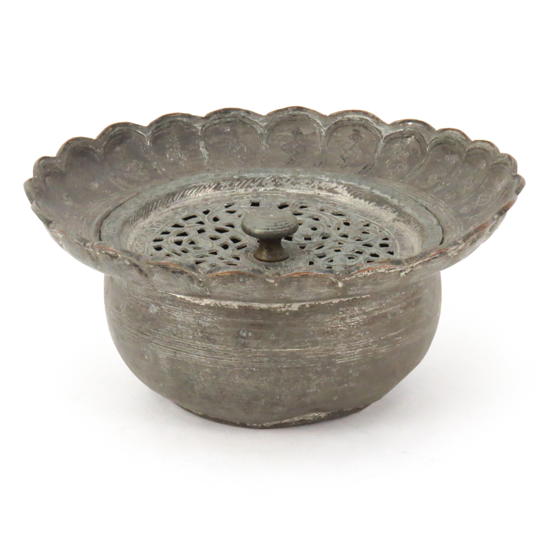 Early Judaica Copper Bowl With Reticulated Cover