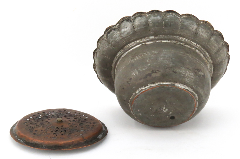 Early Judaica Copper Bowl With Reticulated Cover