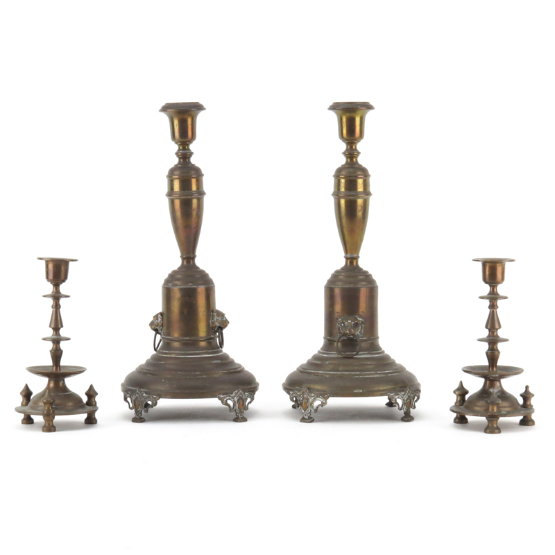 Two Pair Judaica Brass Candlesticks