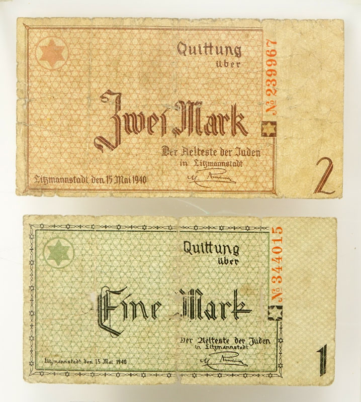 Three (3) 1940 Holocaust Lodz (Litzmannstadt) Ghetto Scrip Mark Notes