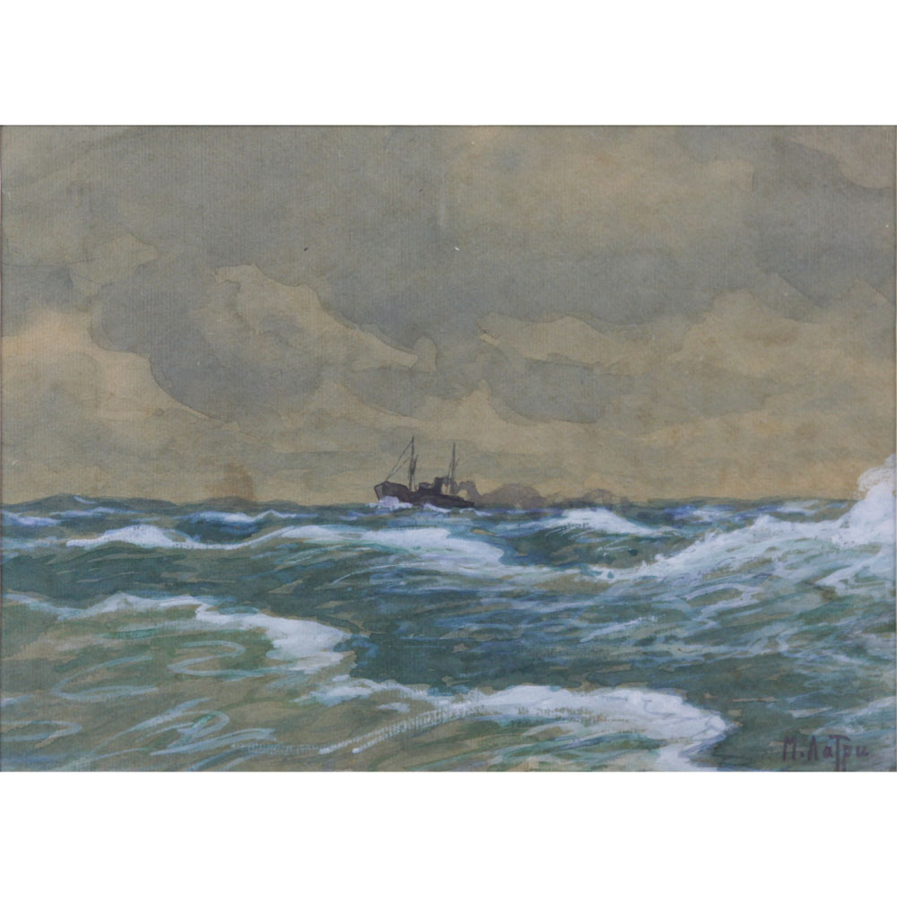 Early 20th Century Russian Ukrainian Watercolor and Gouache on Paper "Ship In Choppy Seas" Signed in Cyrillic M