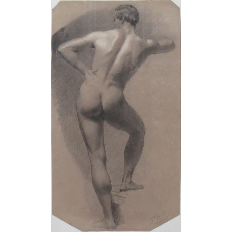 19th Century Pencil drawing with white highlights on tan paper "Male Nude"