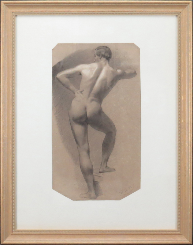 19th Century Pencil drawing with white highlights on tan paper "Male Nude"