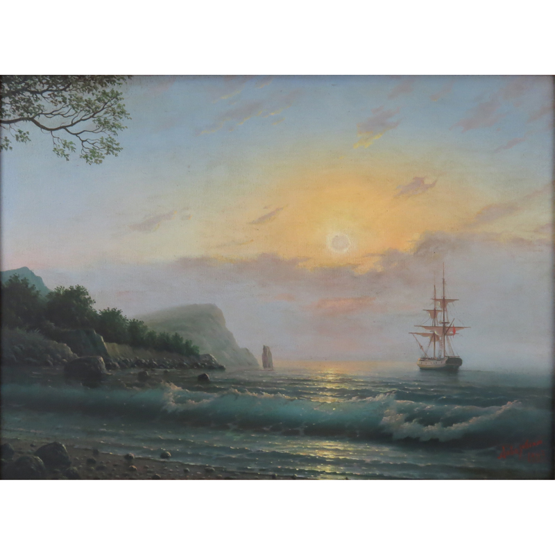 After: Ivan Konstantinovich Aivazovsky, Russian 1817-1900) Oil on Canvas, Ship at Sunset