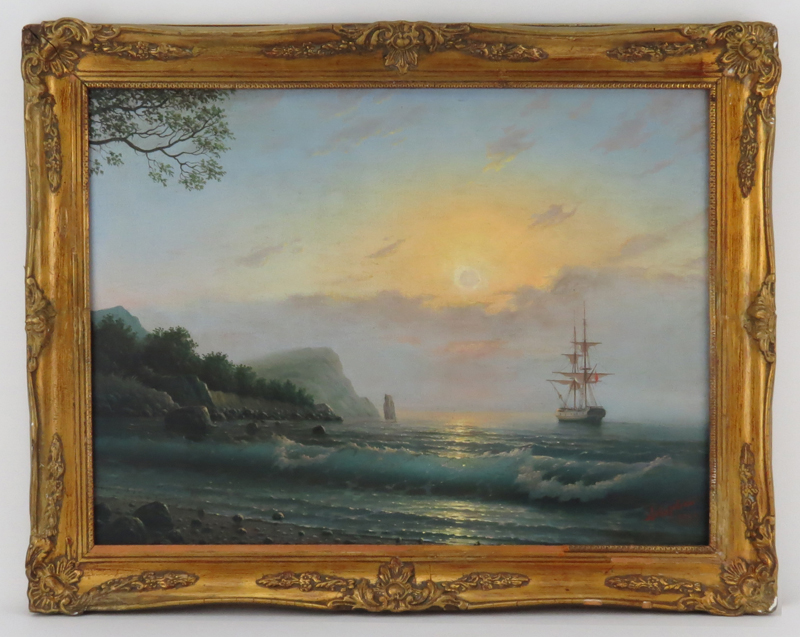 After: Ivan Konstantinovich Aivazovsky, Russian 1817-1900) Oil on Canvas, Ship at Sunset