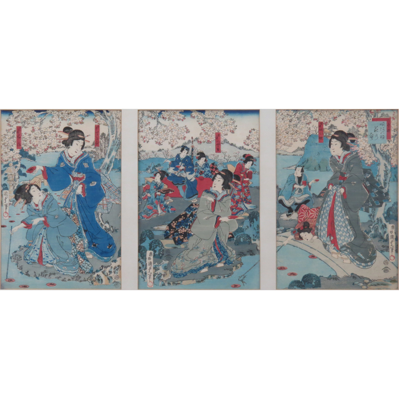 Vintage Japanese Woodblock Triptych Prints