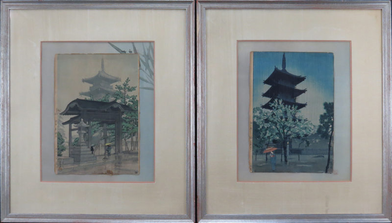 Two (2) Vintage Japanese Woodblock Prints "Rain", "Visiting The Temple" Possibly Asano Takeji, Japanese (1900-1999) Signed in borders, stamped