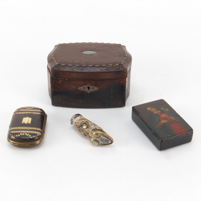 Collection of Four (4) Antique Boxes Including a Continental 935 Silver Mounted Serpentine Leather Dresser Box; a Figural Hoof Match Safe; a Boulle Work Inlay Tortoise Shell Coin Purse and a Painted Lacquer Snuff Box