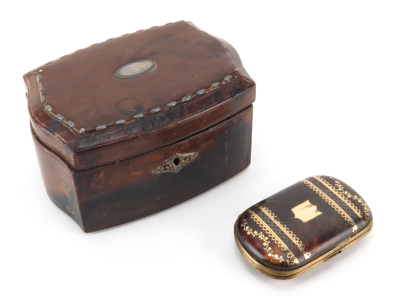 Collection of Four (4) Antique Boxes Including a Continental 935 Silver Mounted Serpentine Leather Dresser Box; a Figural Hoof Match Safe; a Boulle Work Inlay Tortoise Shell Coin Purse and a Painted Lacquer Snuff Box