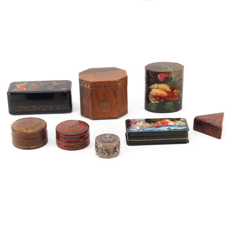 Collection of Eight (8) Vintage Boxes Including Two (2) Russian Lacquer Boxes; a Brass Inlaid Rosewood Box; A Lacquer Covered Box with Painted Rose Design; a Round Leather Box; a Small Tibetan Lacquer Covered Round Box; a Small Indian White Metal Covered 