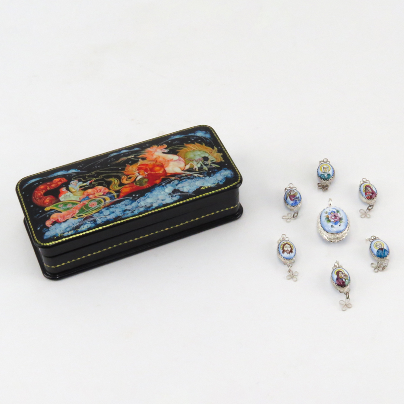 Russian Lacquer Box together with Seven (7) Russian Porcelain and White Metal Pendants