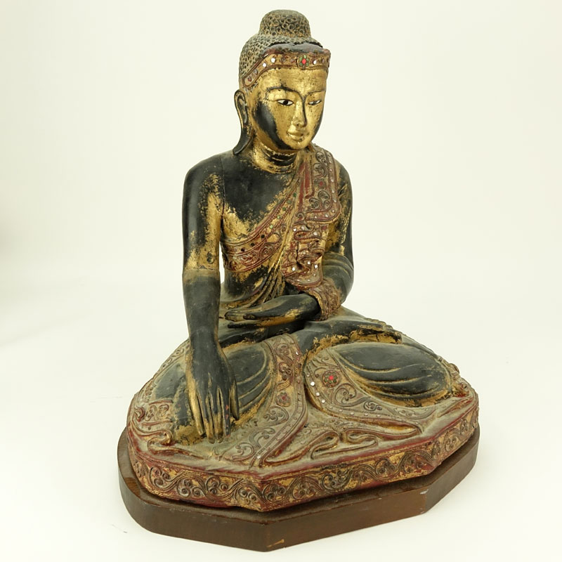 Vintage Gilt Indo-Chinese Carved Jeweled Polychrome Seated Buddha