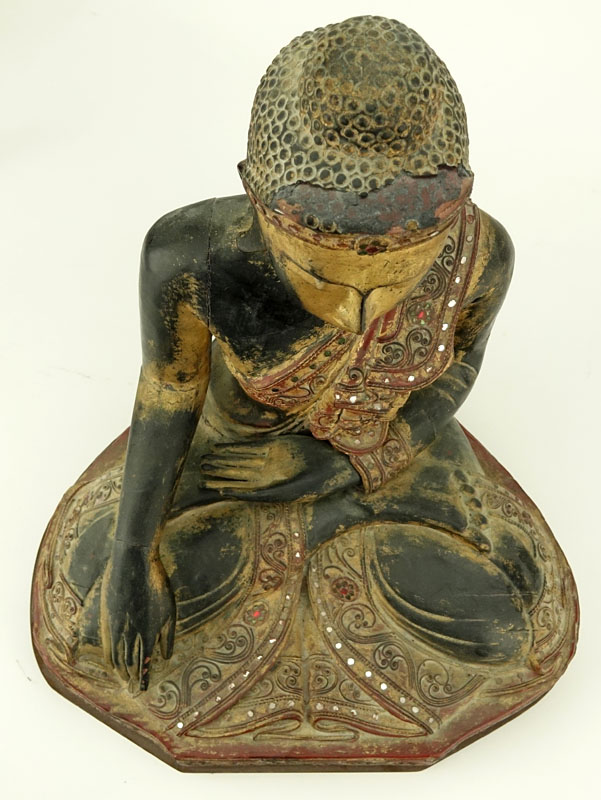 Vintage Gilt Indo-Chinese Carved Jeweled Polychrome Seated Buddha