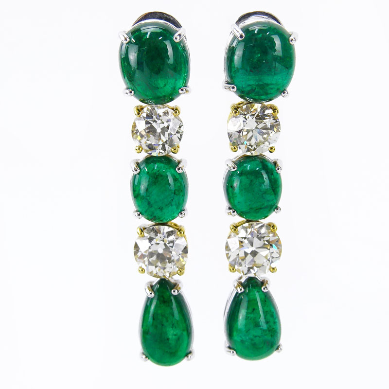 13.72 Carat TW Cabochon Colombian Emerald, 4.96 Carat TW Old European Cut Diamond, Platinum and 18 Karat Yellow Gold Pendant Earrings.