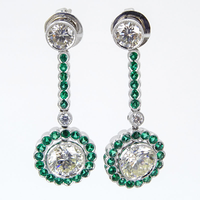 3.63 Carat TW Diamond, 1.20 Carat Emerald and Platinum Pendant Earrings. 