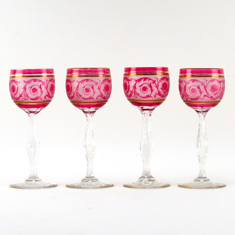 Set of Four (4) Baccarat Etched Ruby to Clear Glass Wine Stems