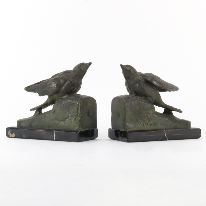 Georges Van de Voorde, Dutch (1878-1970) Pair of Art Deco White Metal Bird Bookends on Marble Base