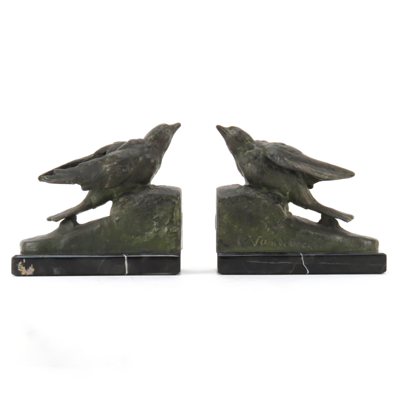 Georges Van de Voorde, Dutch (1878-1970) Pair of Art Deco White Metal Bird Bookends on Marble Base