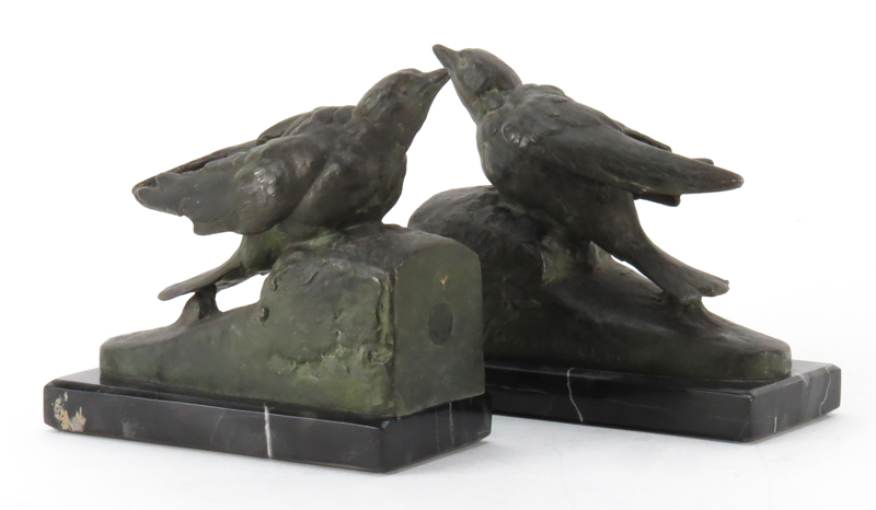 Georges Van de Voorde, Dutch (1878-1970) Pair of Art Deco White Metal Bird Bookends on Marble Base