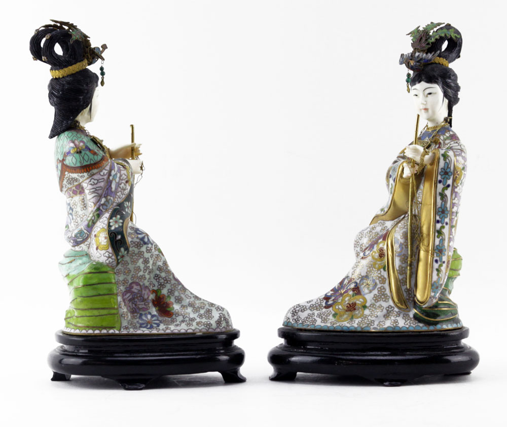 Pair of 20th Century Japanese Cloisonné and Ivory Geisha Figurines on Wooden Base