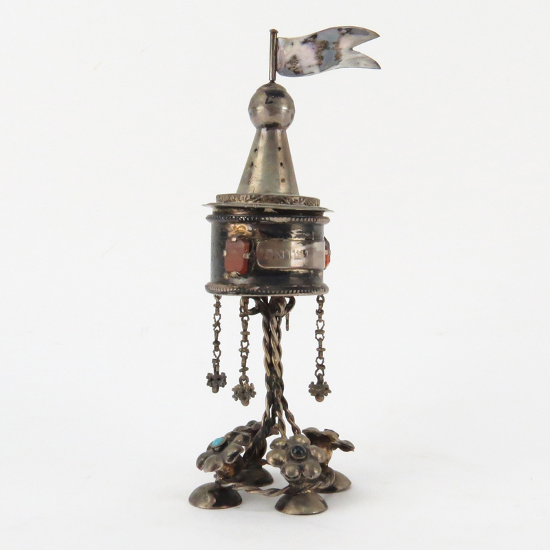 19th Century Judaica Silver European Spice Box In The Shape Of A Tower