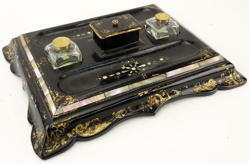 19th Century English Victorian Gilt Lacquered Ebonized Papier Mache and Mother of Pearl Inkstand