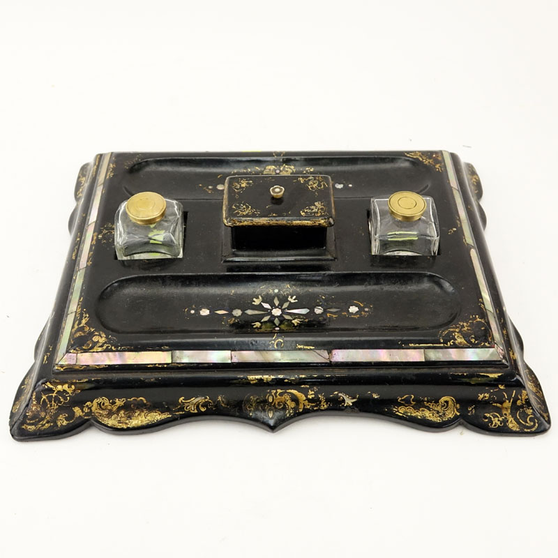 19th Century English Victorian Gilt Lacquered Ebonized Papier Mache and Mother of Pearl Inkstand