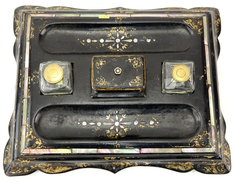 19th Century English Victorian Gilt Lacquered Ebonized Papier Mache and Mother of Pearl Inkstand