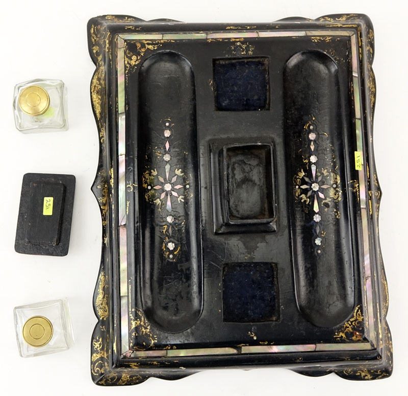 19th Century English Victorian Gilt Lacquered Ebonized Papier Mache and Mother of Pearl Inkstand